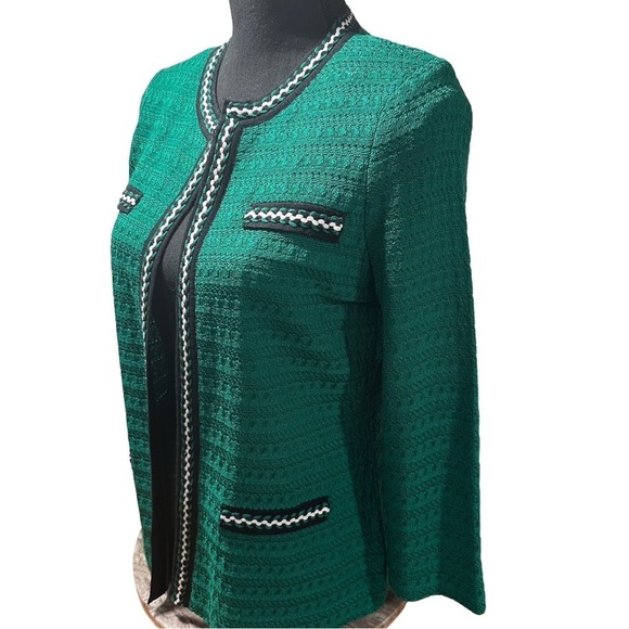 Ming Wang Green Textured Knit Suit Jacket Ribbon Trim Eye & Hook Black White PXS - Picture 3 of 15